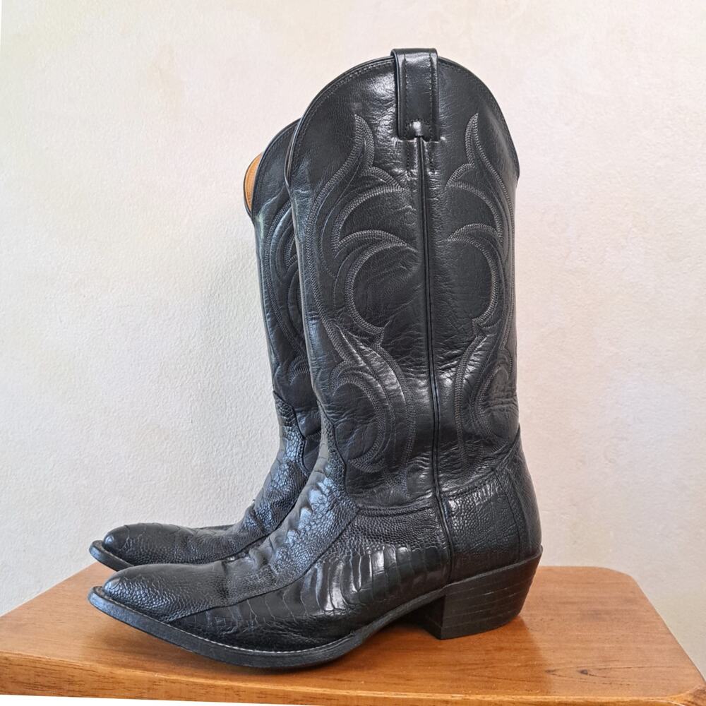 Vtg Nocona Men 8.5 D Black Ostrich Leg Leather Cowboy Boots Made In USA Snip Toe